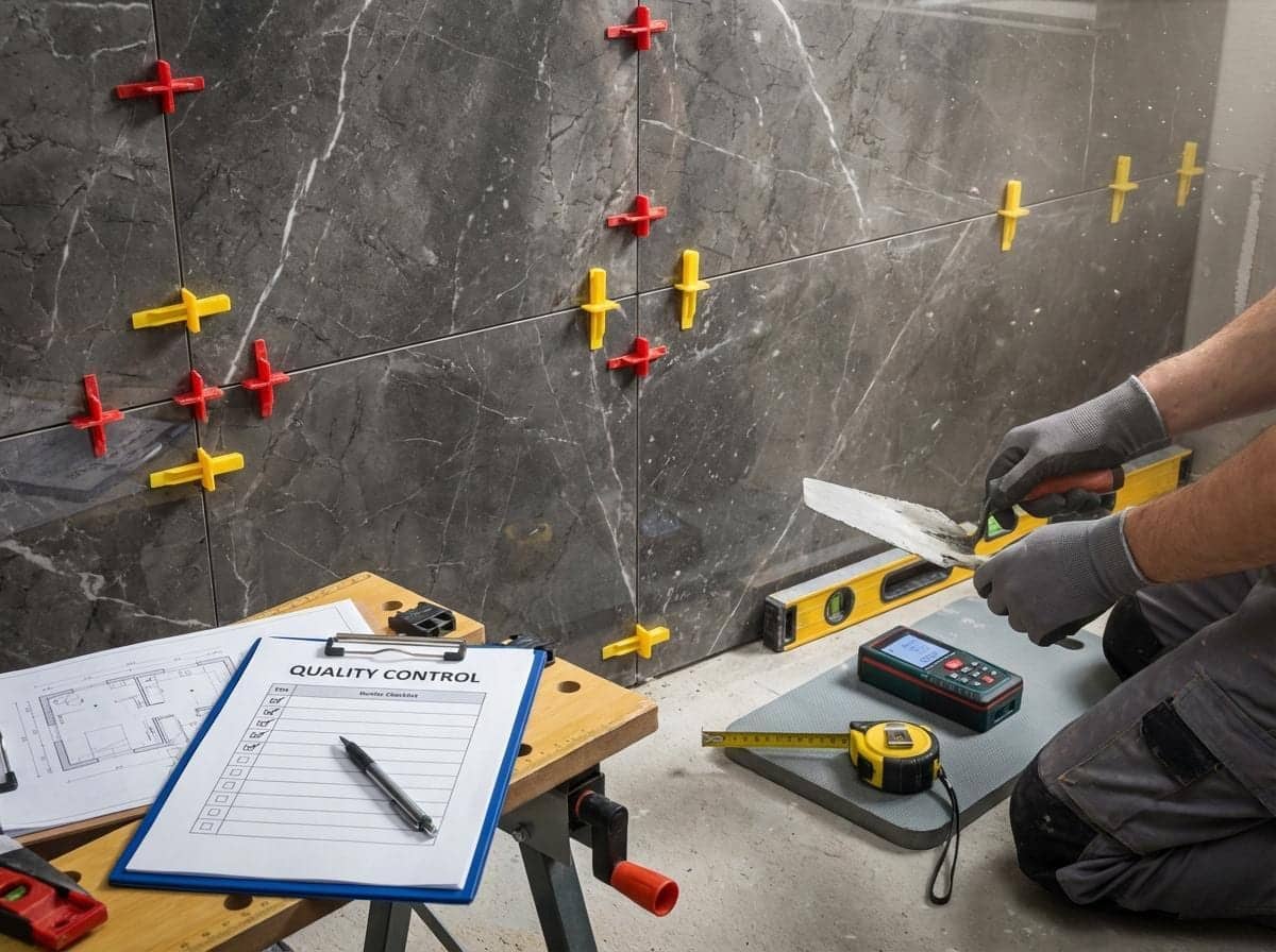 Pose de grand carrelage gris marbré avec croisillons, niveau, mètre et fiche de contrôle qualité