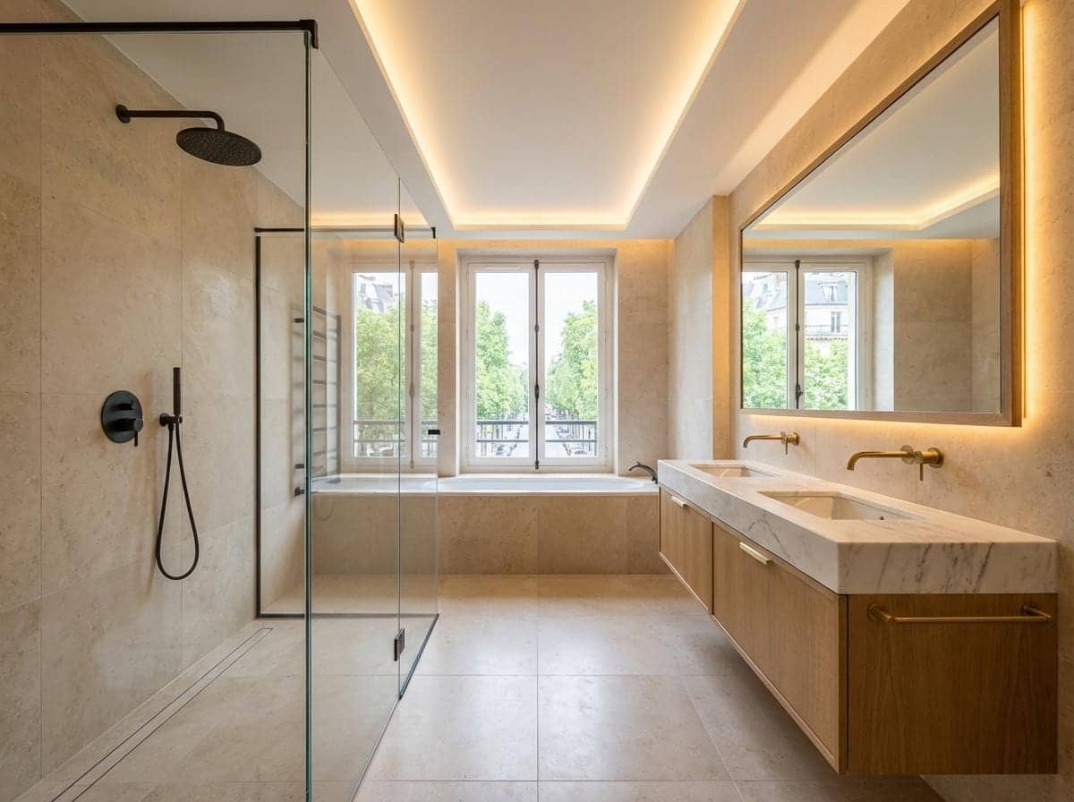 Salle de bain en pierre beige avec douche vitrée, baignoire et double vasque à Nogent