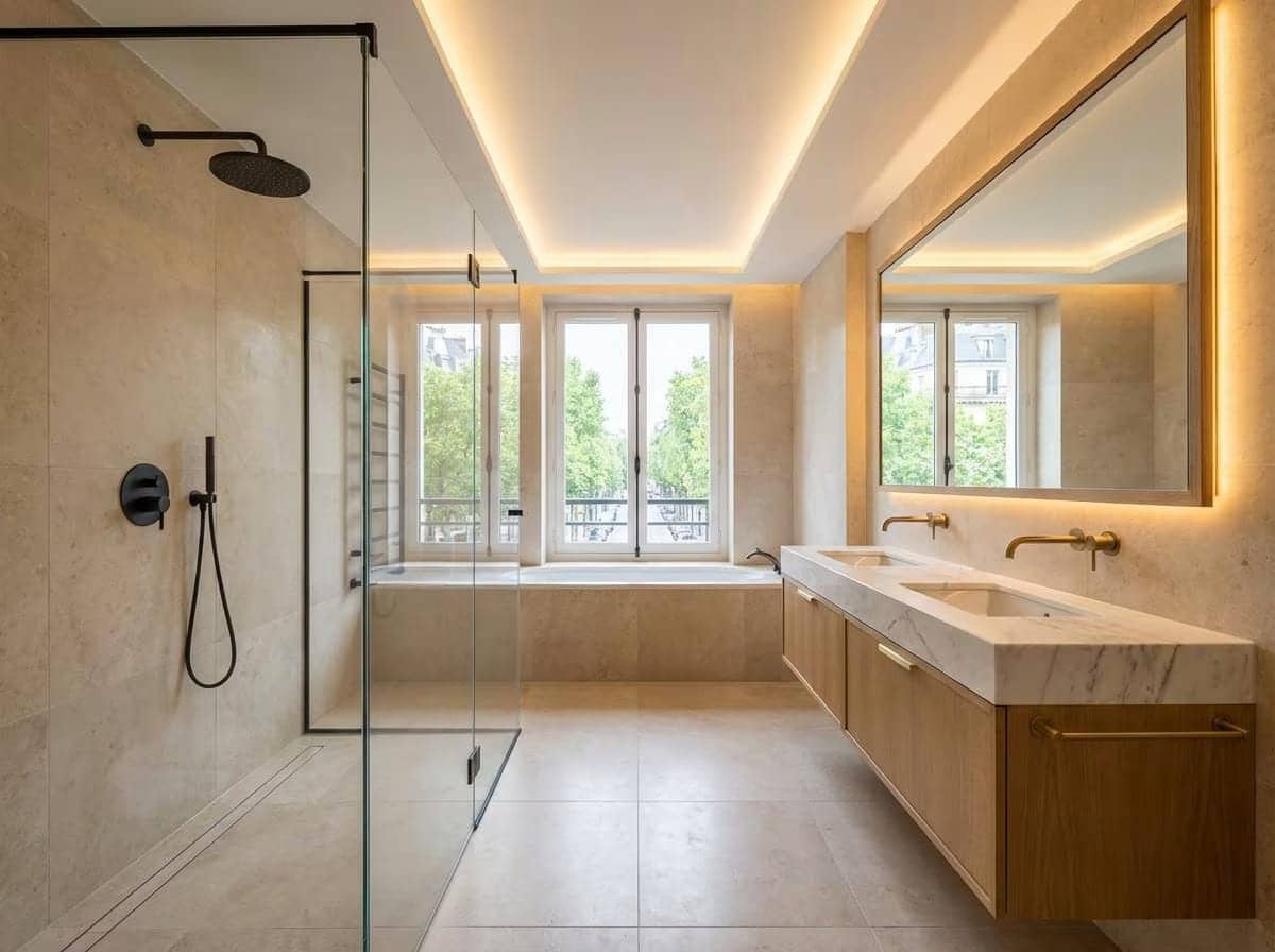 Salle de bain beige avec douche vitrée, baignoire, double vasque en marbre et miroir, Paris 8