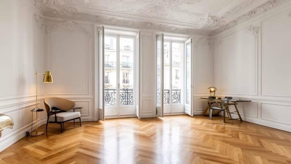 Salon haussmannien vide avec moulures, portes-fenêtres, parquet en point de Hongrie, fauteuil et bureau en verre