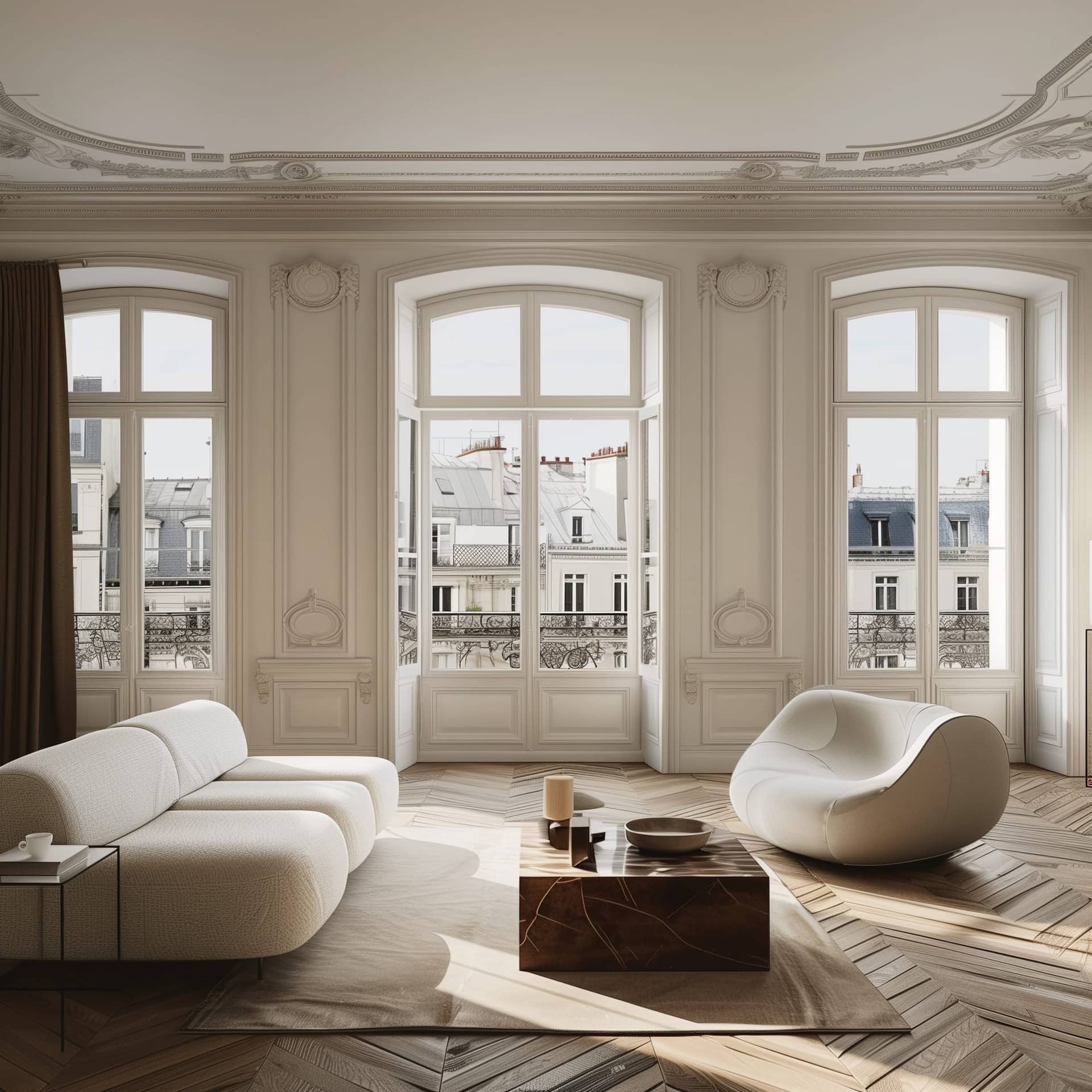 Salon haussmannien avec moulures, fauteuil blanc arrondi, canapé et parquet en point de Hongrie à Joinville-le-Pont