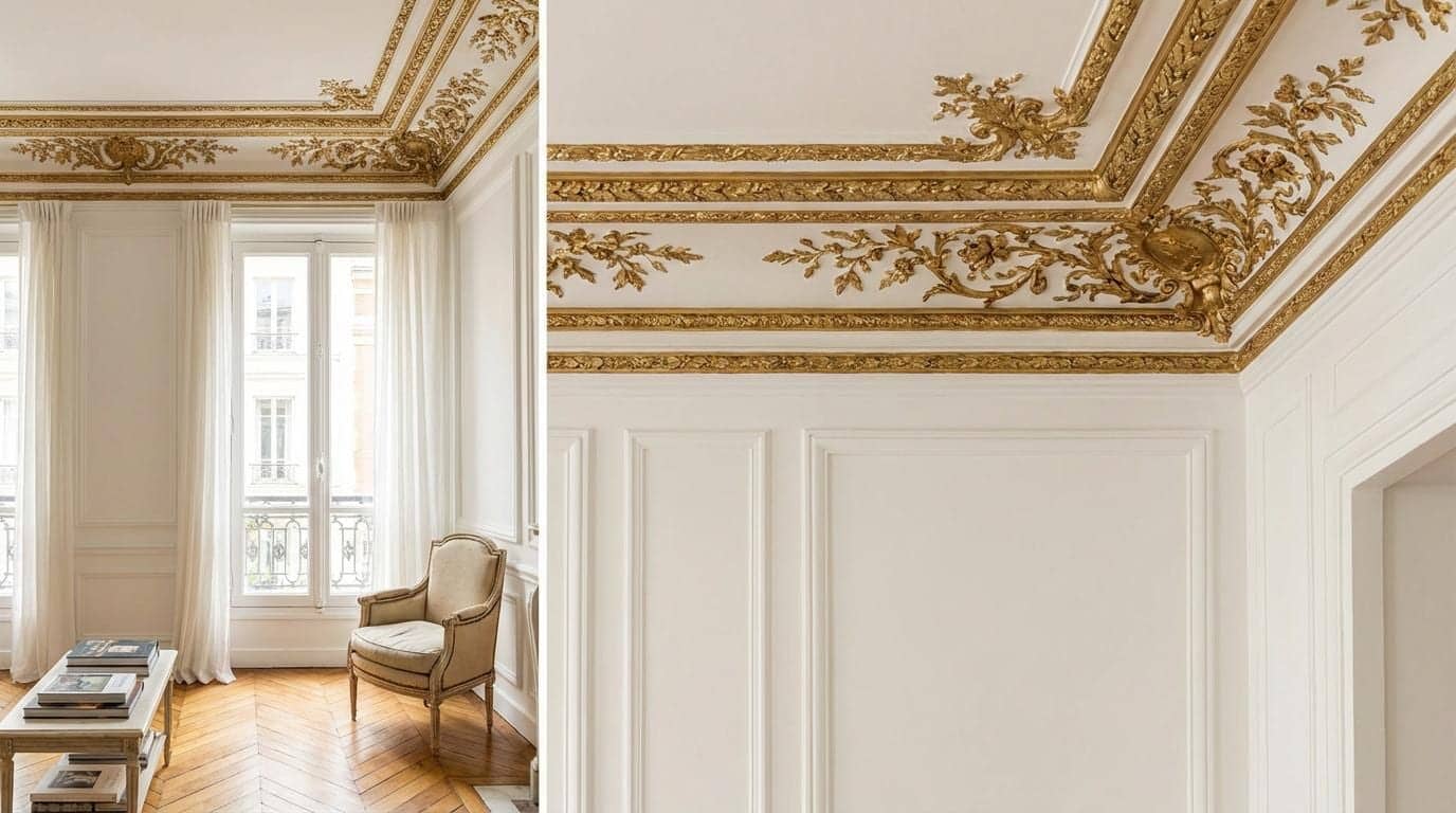 Moulures dorées de plafond et boiseries blanches dans un salon haussmannien avec fauteuil ancien à Nogent