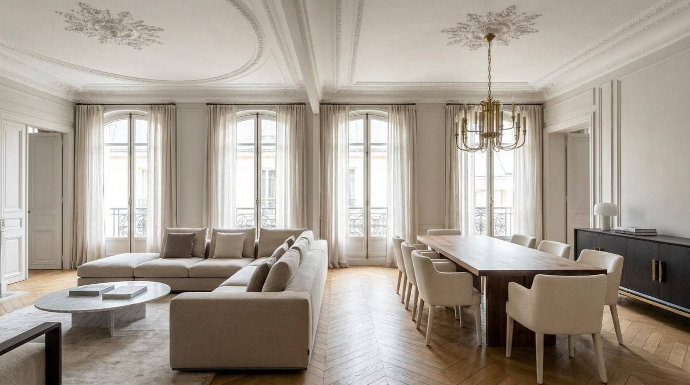 Grand salon haussmannien avec canapé d'angle beige, table en noyer et lustre doré à Paris 15