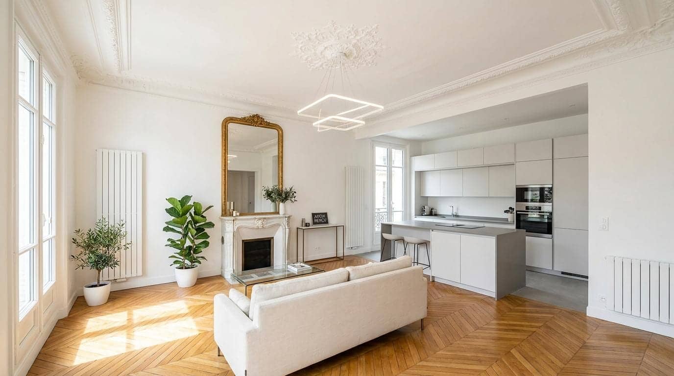 Salon haussmannien rénové avec cuisine ouverte, parquet en point de Hongrie et cheminée à Paris 16e