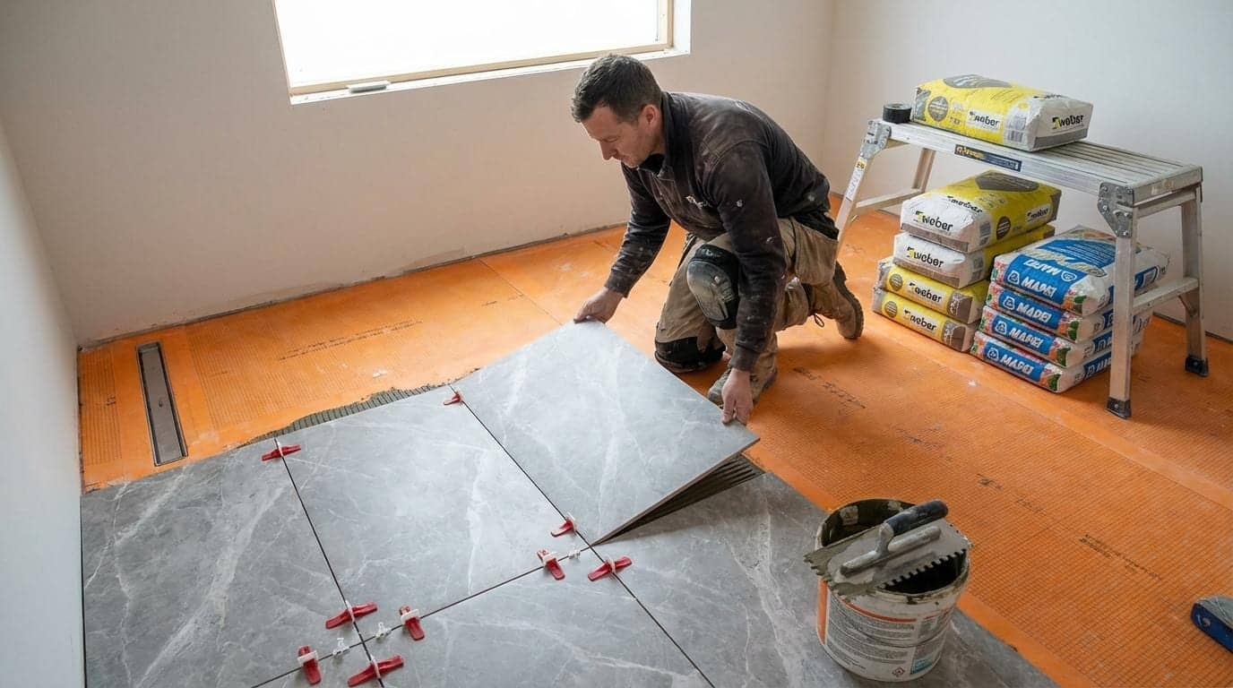 Artisan posant du grand carrelage gris sur une chape orange avec caniveau de douche