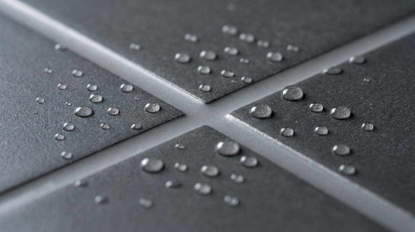 Gros plan sur des joints de carrelage gris foncé avec gouttes d'eau à Vincennes