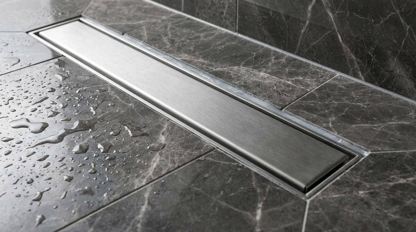 Caniveau de douche en inox sur carrelage gris foncé effet marbre mouillé