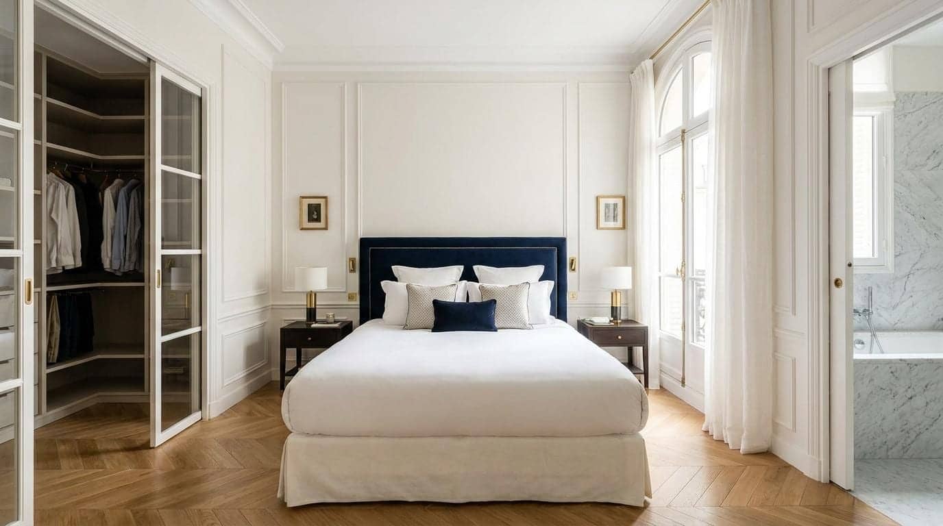 Chambre à tête de lit bleu marine, dressing vitré et salle de bain en marbre, Paris 16