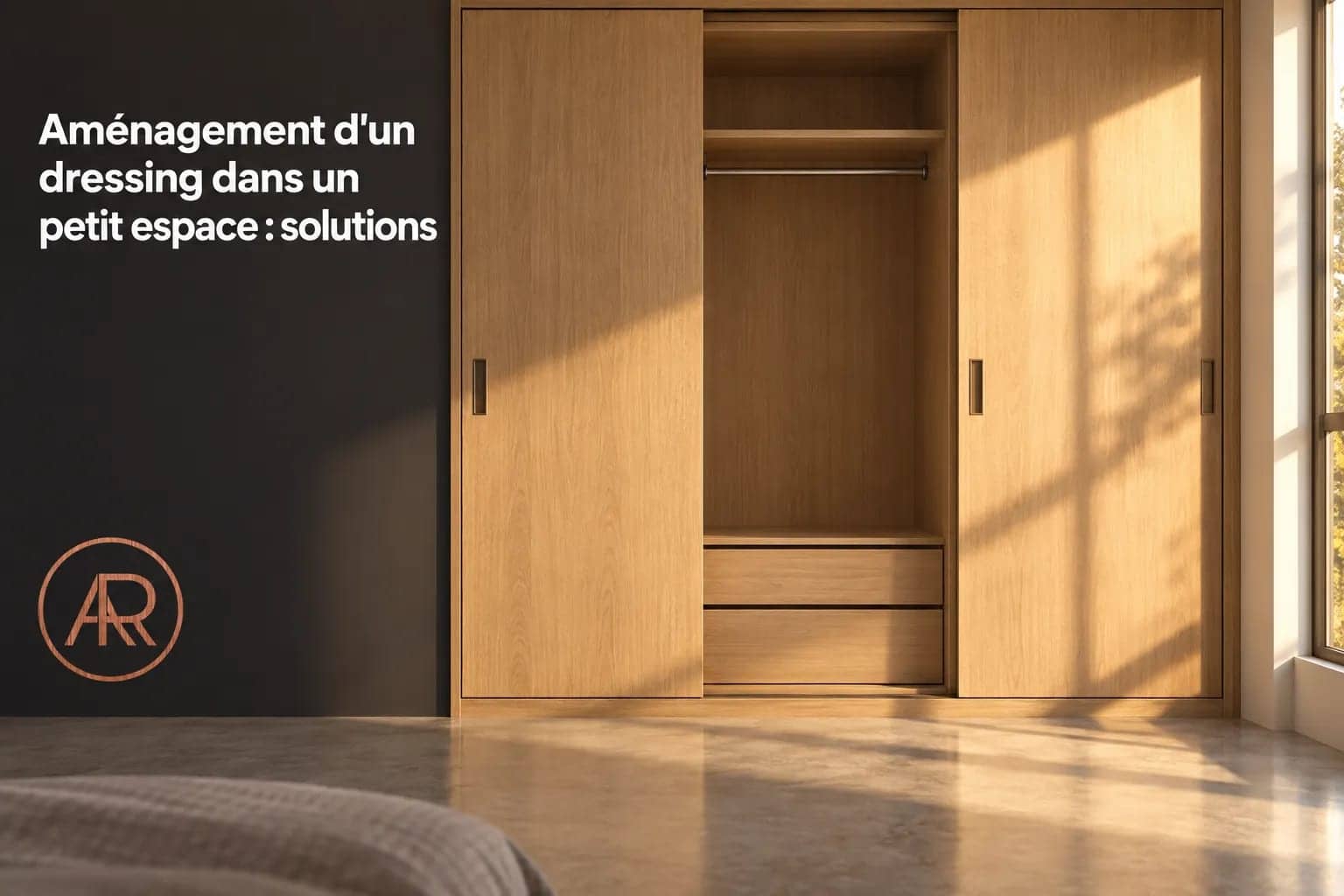 Placard en bois ouvert dans une chambre, avec portes coulissantes et tiroirs visibles.