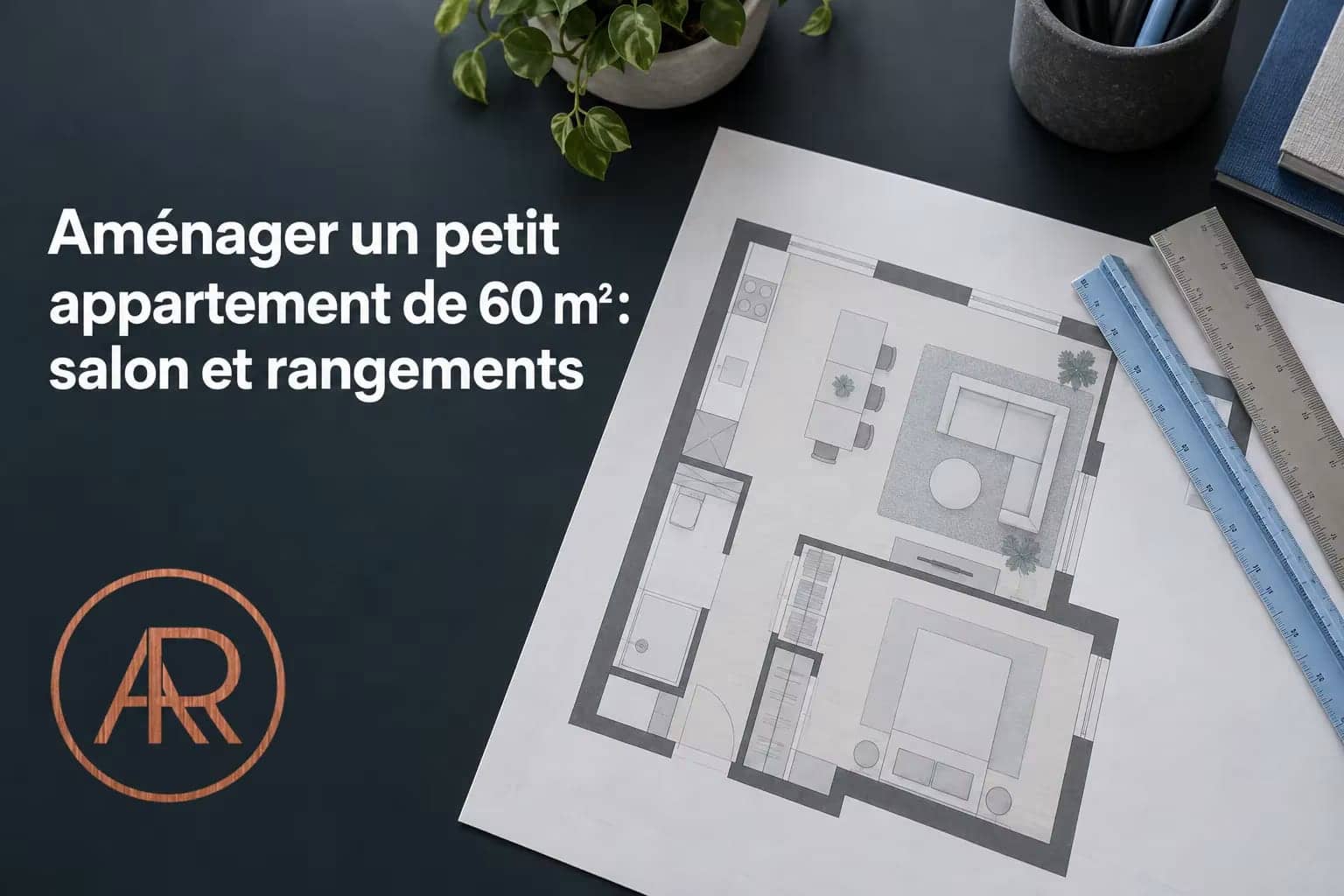 Plan d’un appartement avec un plan imprimé et des outils de dessin posés sur le dessus de la table.