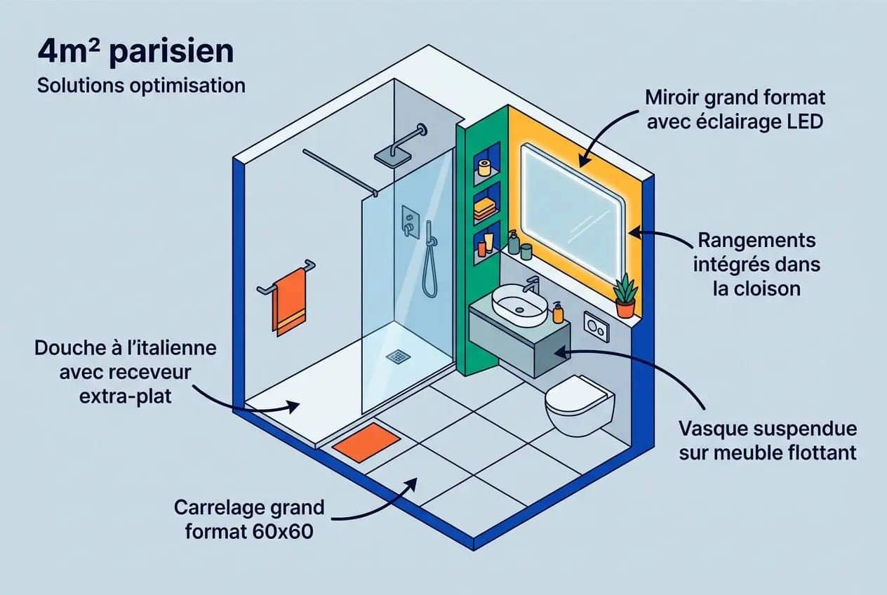Plan d’une salle de bain de 4 m² avec douche italienne, lavabo, miroir grand format LED et rangement intégré, illustration mesure et agencement par une entreprise rénovation salle de bain.