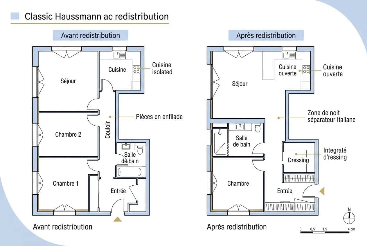 Plan montrant une rénovation appartement haussmannien paris avec redistribution des pièces et déplacements de la cuisine et chambres.