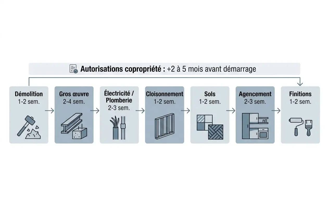 Processus illustré de rénovation: démolition, gros œuvre, électricité/plomberie, cloisonnement, sols, agencement et finitions, avec autorisations copropriété.