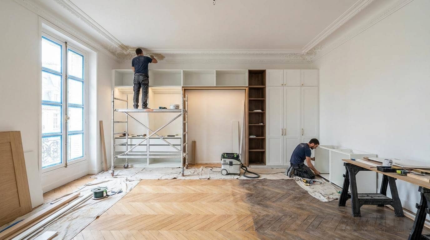 Salon haussmannien en chantier avec ouvriers, échafaudage, placards sur mesure et parquet, Hauts-de-Seine