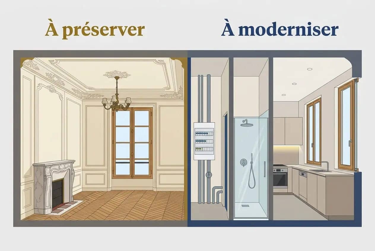 Rénovation appartement haussmannien paris : intérieur divisé entre salle à conserver avec moulures et cheminée et espace modernisé avec salle de bains et cuisine contemporaines.