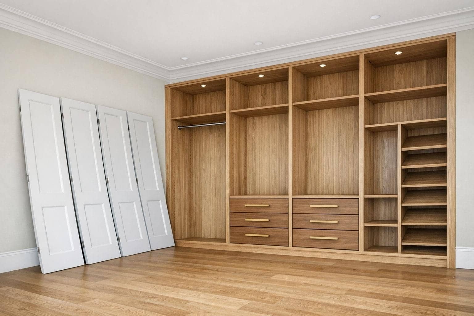 Dressing en chêne sur mesure avec penderie, tiroirs, étagères à chaussures et portes blanches rangées