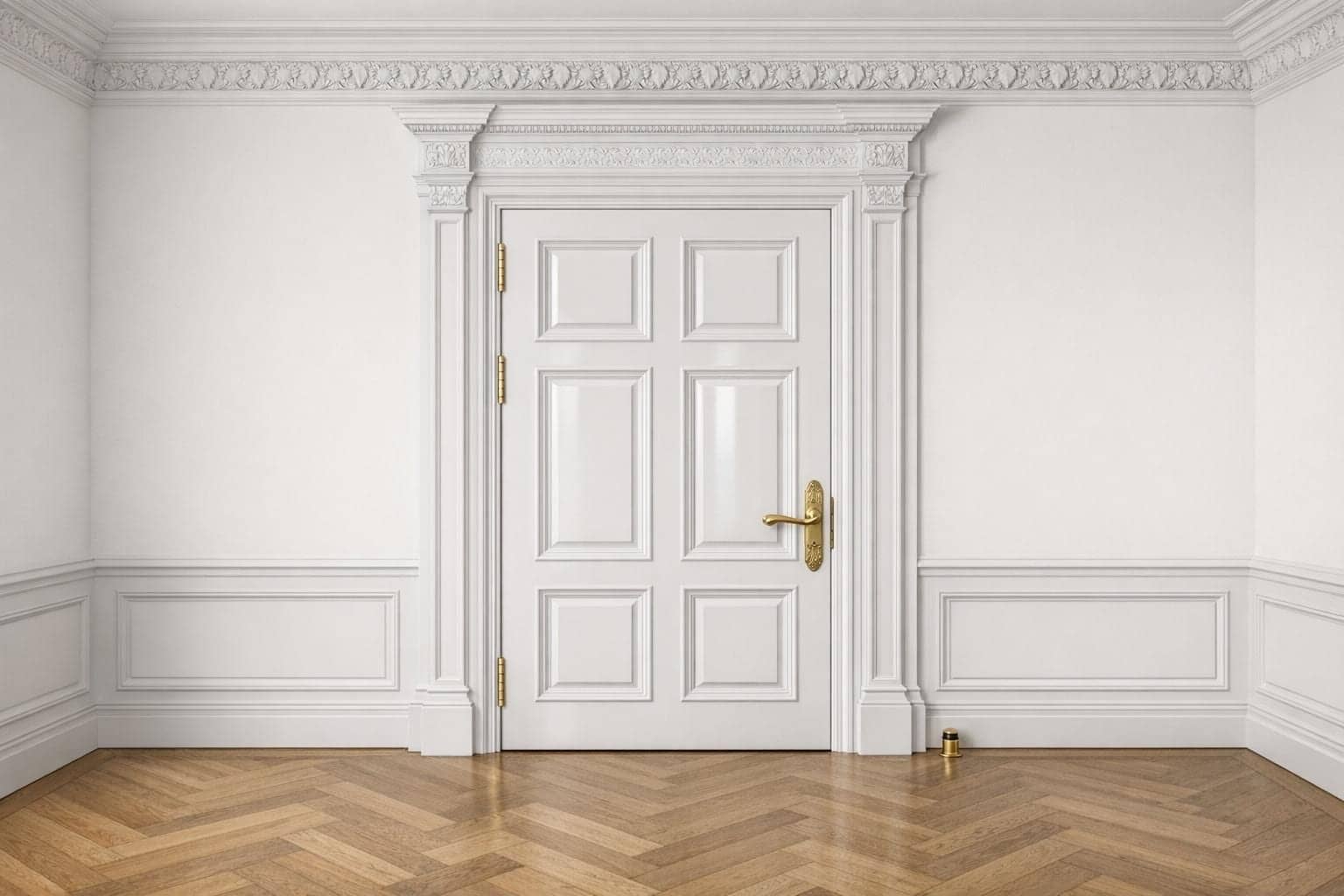 Porte haussmannienne blanche à panneaux avec moulures, lambris et parquet en point de Hongrie à Paris