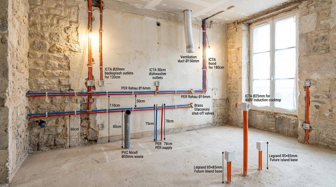 Cuisine en travaux avec arrivées d'eau et évacuations cotées sur mur en pierre à Paris