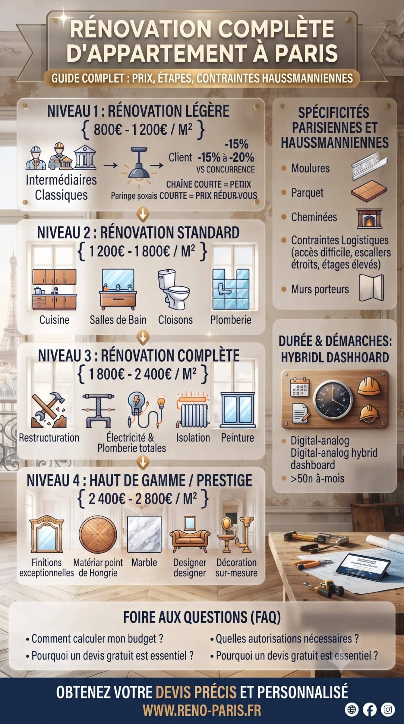 Rénovation complète d'appartement à Paris : infographie détaillant niveaux, prix au m² et spécificités parisiennes du projet.