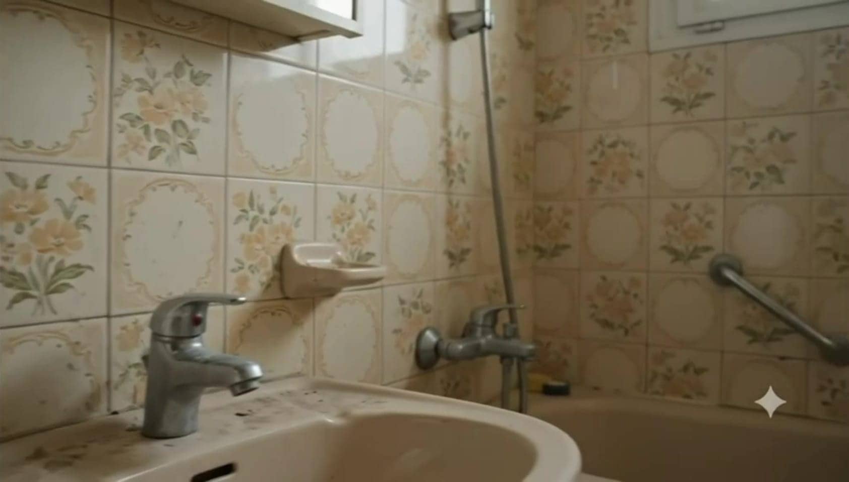 Ancienne salle de bain à faïence fleurie beige, lavabo et baignoire, avant rénovation, Asnières-Bécon