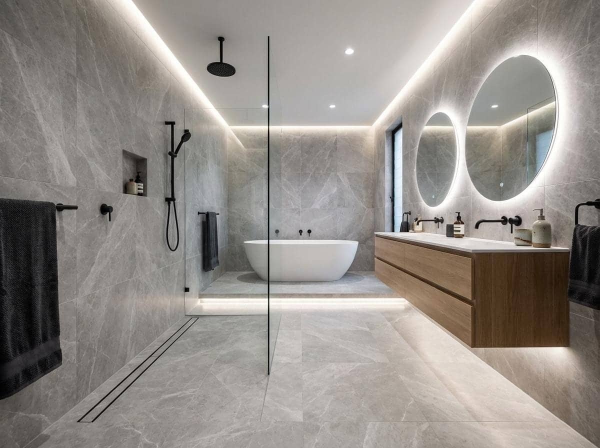 Salle de bain grise avec douche à l'italienne, baignoire îlot et miroirs ronds à Paris