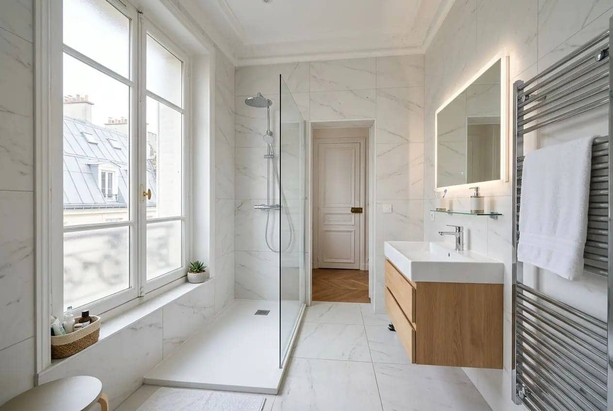 Salle de bain lumineuse avec douche à porte vitrée, meuble lavabo bois et miroir lumineux, radiateur sèche-serviettes et grandes fenêtres. entreprise rénovation salle de bain idéal pour devis gratuit.