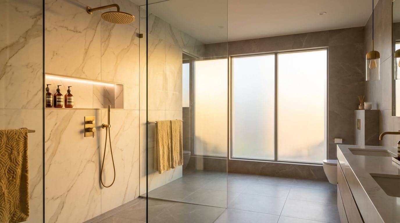 Salle de bain moderne avec douche à l’italienne en verre et finitions marbre, grande fenêtre et éclairage chaud, idéal pour une rénovation salle de bain paris.