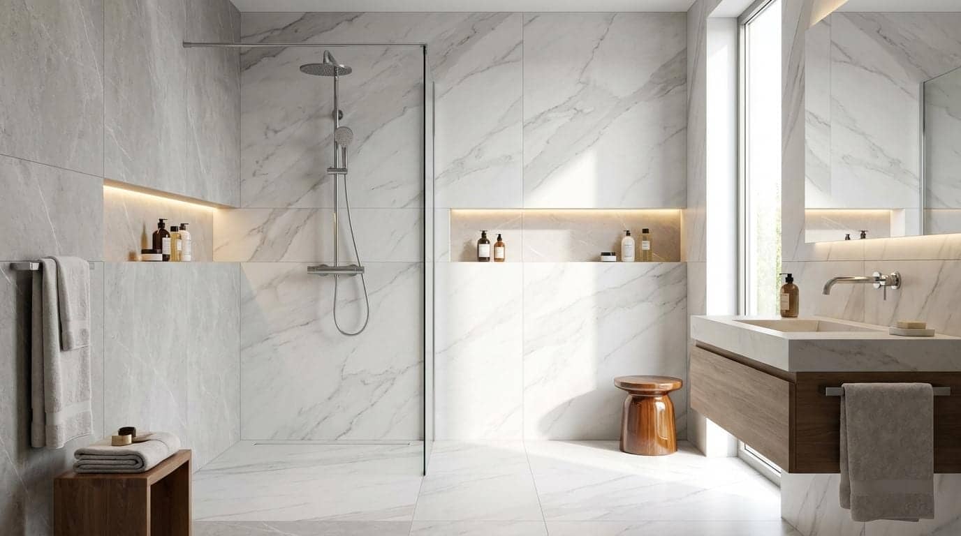 Salle d'eau en marbre blanc avec douche à l'italienne, niches lumineuses et vasque suspendue, Yvelines