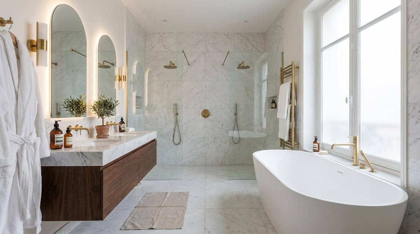 Salle de bain en marbre blanc avec baignoire îlot, double douche, meuble en noyer, Paris