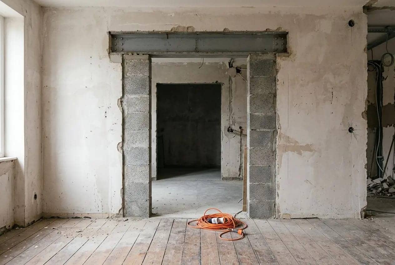 Salle en rénovation avec cloison en pierre et ouverture sur un autre espace; câble orange au sol, sol en bois et murs partiellement nus. travaux à faire avec 50000 euros intégrés naturellement.