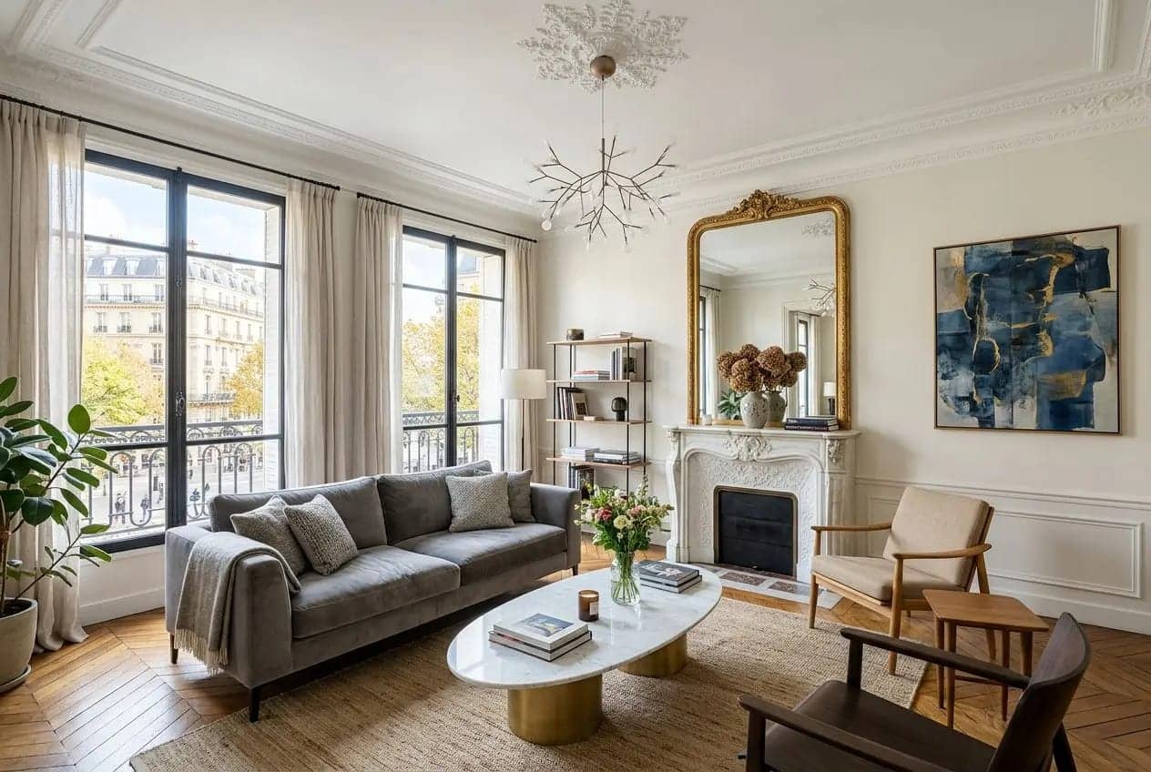 Salon lumineux avec canapés gris, grandes fenêtres et mobilier modulable, idée d'aménagement pour un petit appartement intégrée.