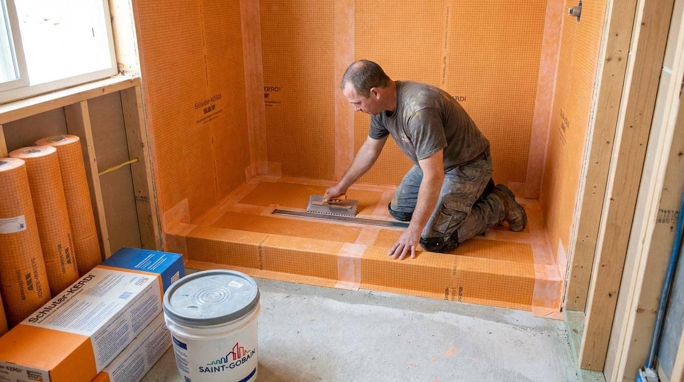Ouvrier posant une étanchéité orange sous le receveur d'une douche à l'italienne en chantier