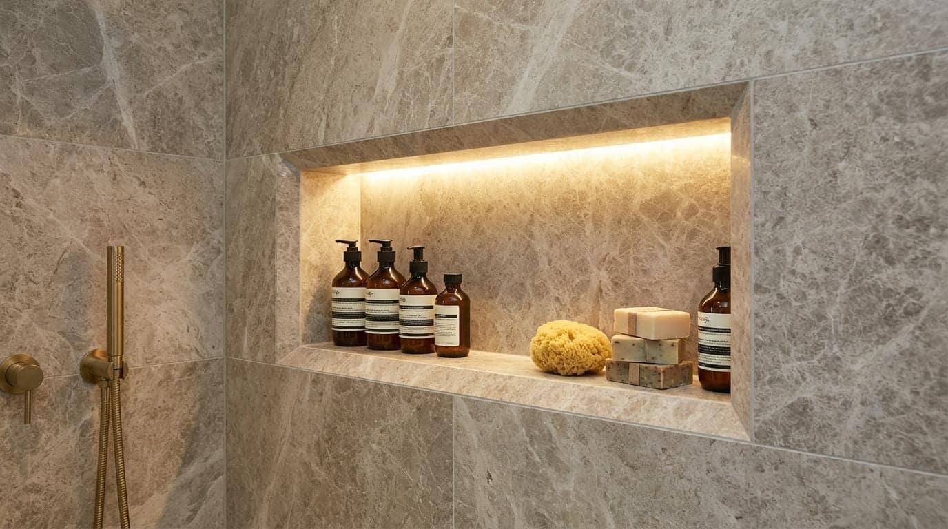 Niche de douche éclairée en pierre beige avec flacons, savons et douchette dorée à Charenton