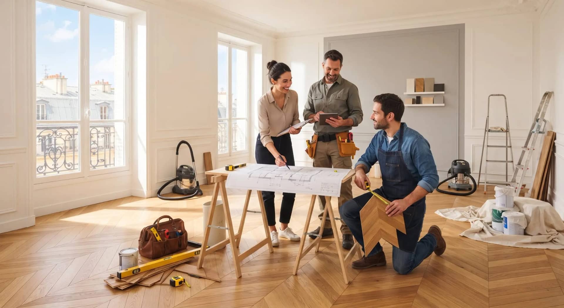 Trois artisans en intérieur lumineux préparent un plan sur une table de travail, contextualisés par outils et matériaux de rénovation.