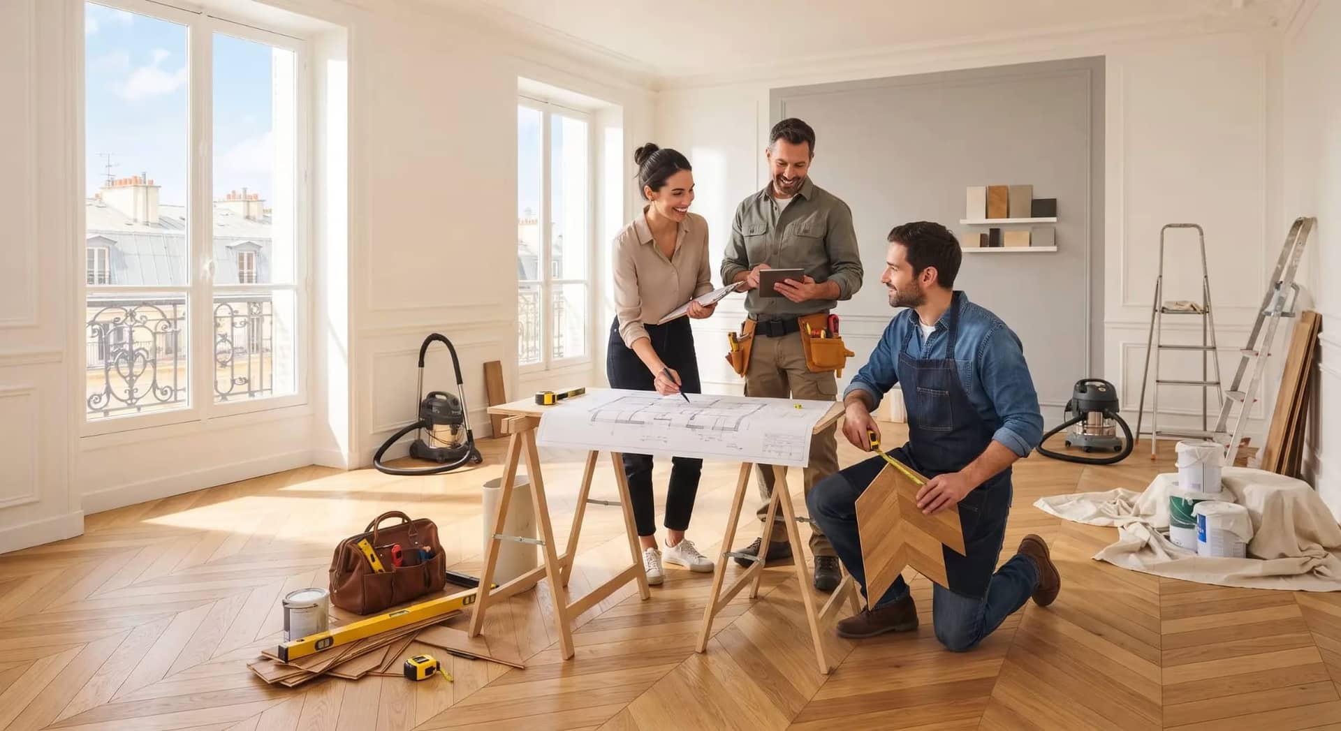 Trois artisans planchent sur un plan dans un salon lumineux au dernier étage, travaux et outils éparpillés autour. isolation thermique appartement dernier étage