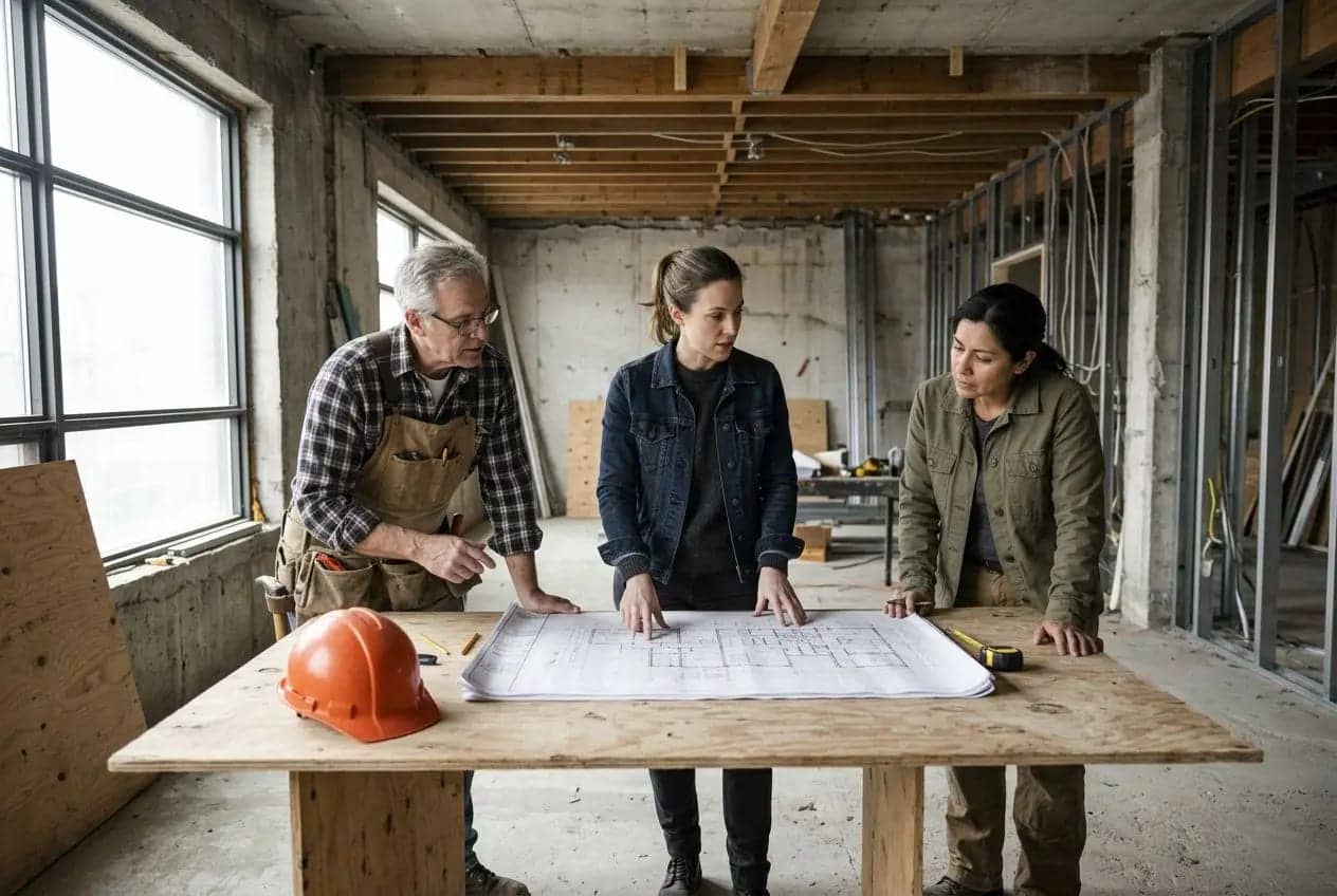 Trois personnes réunies autour d’un plan sur une table dans un chantier en rénovation, casque orange posé à côté.