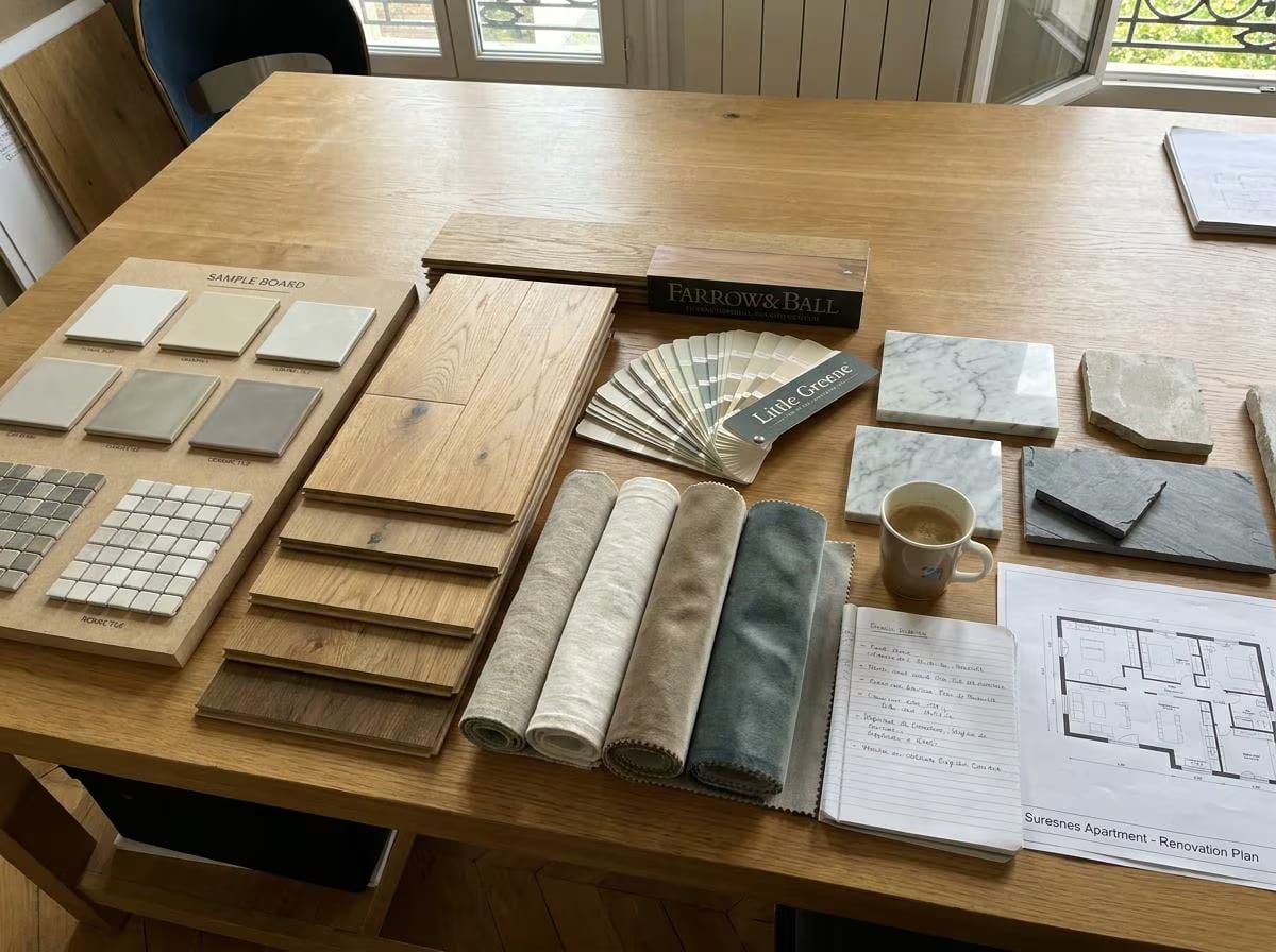 Échantillons de parquet, carrelage, marbre et tissus sur une table avec un plan de rénovation