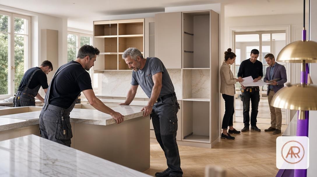 Chantier de pose d'une cuisine IKEA METOD avec ajustement du plan de travail et pilotage d'équipes
