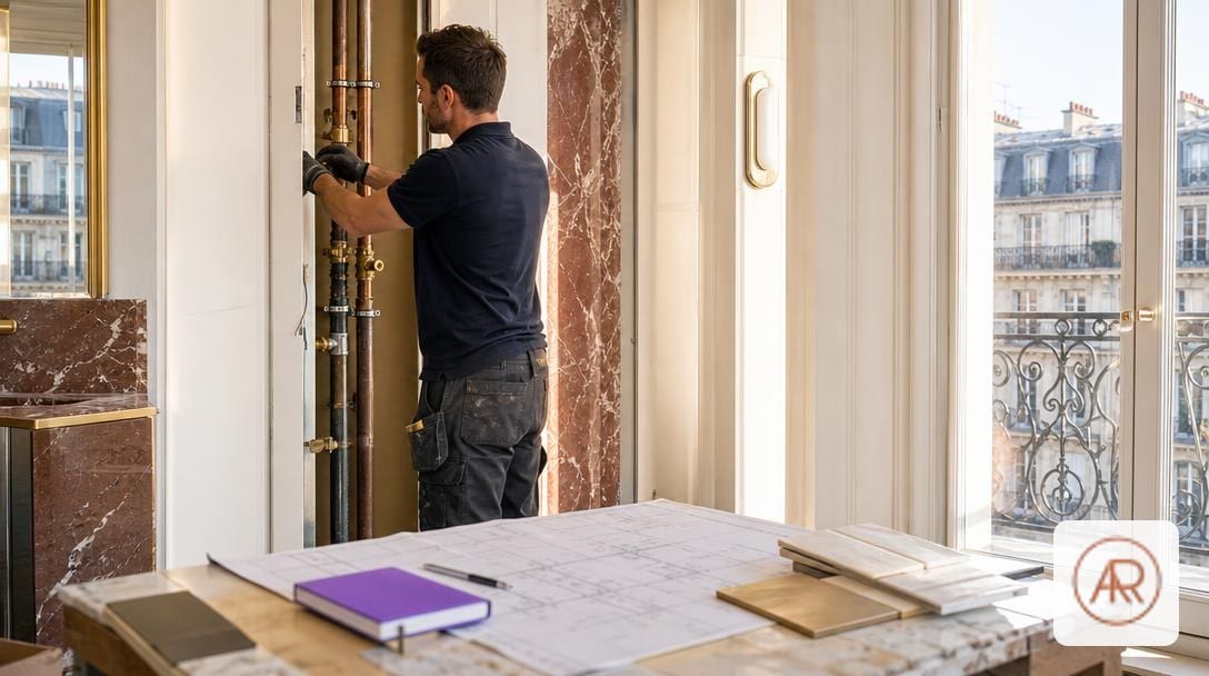Artisan réparant une canalisation dans un appartement haussmannien, chantier de plomberie et pilotage des interventions