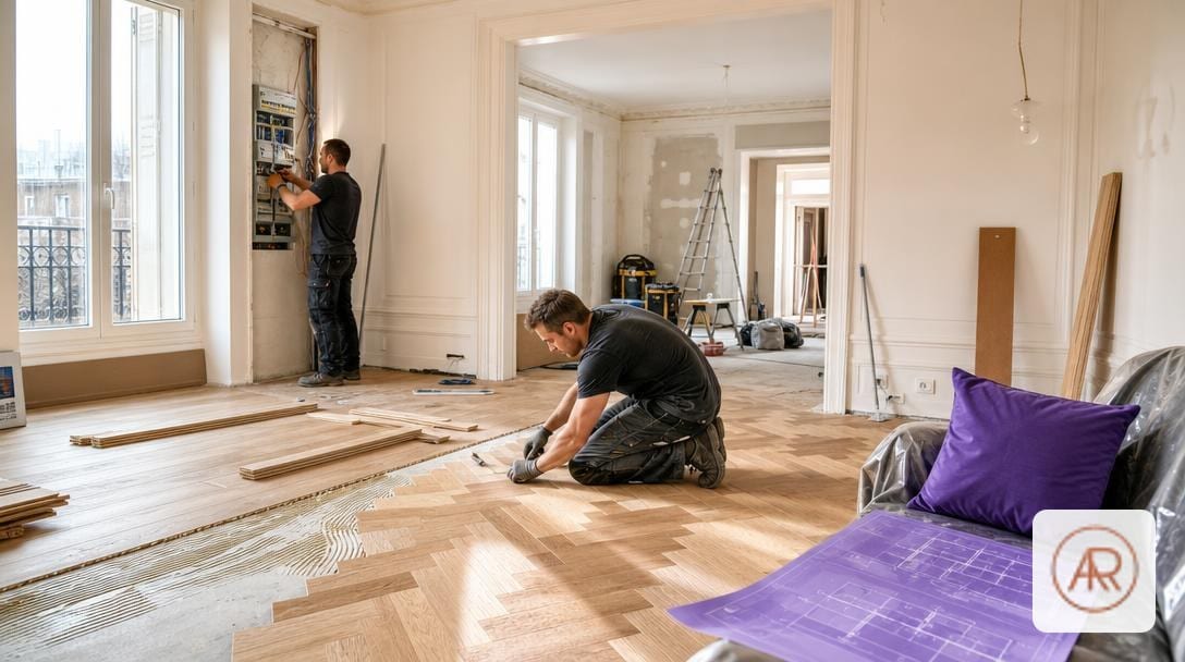 Pose de parquet contrecollé lors d’une rénovation totale d’appartement 80 m², artisans organisés, plan violet #7C5CFC posé