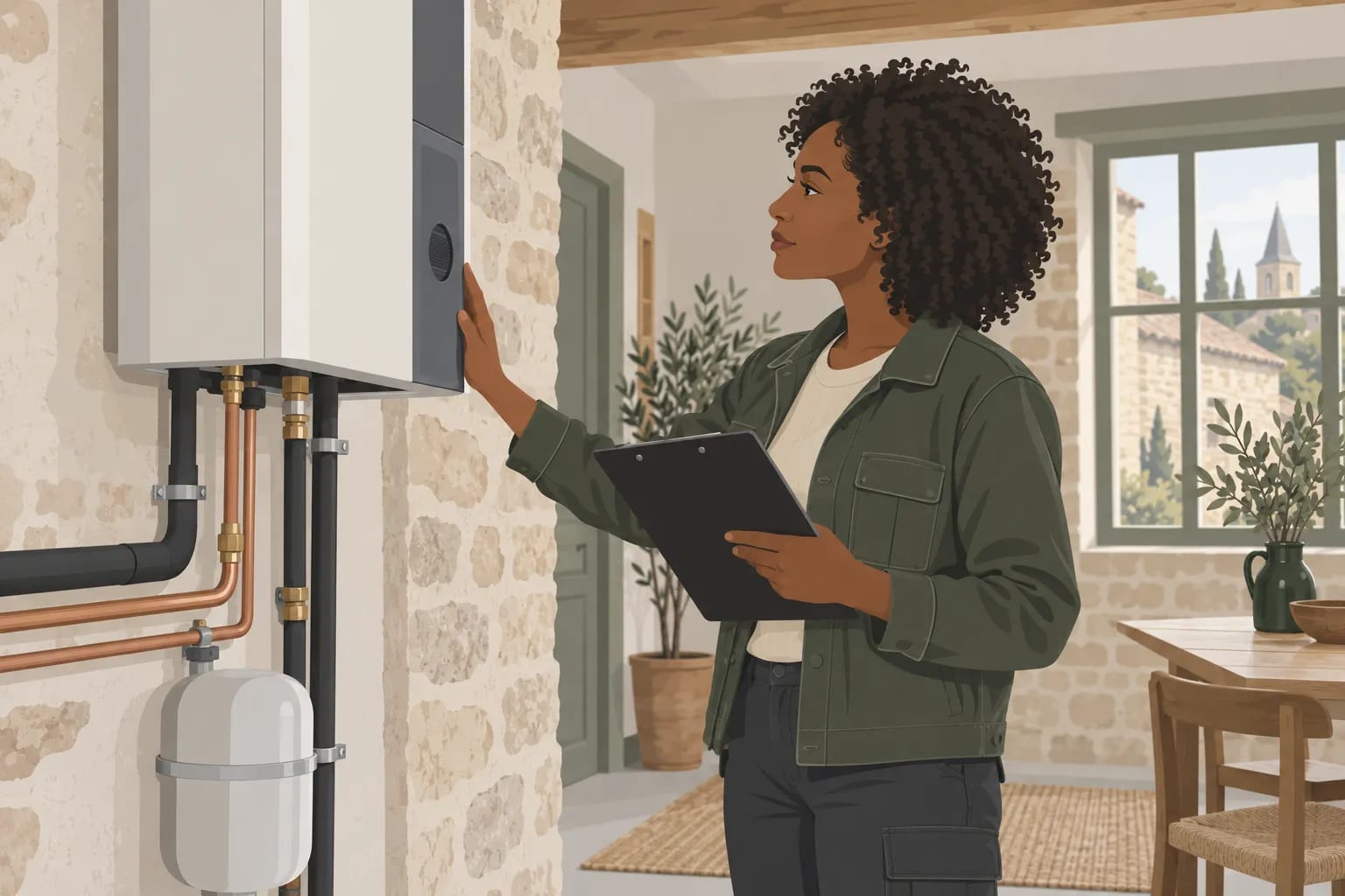 Une agente inspecte un système de chauffage mural dans une maison ancienne, tenant un carnet sous le bras.