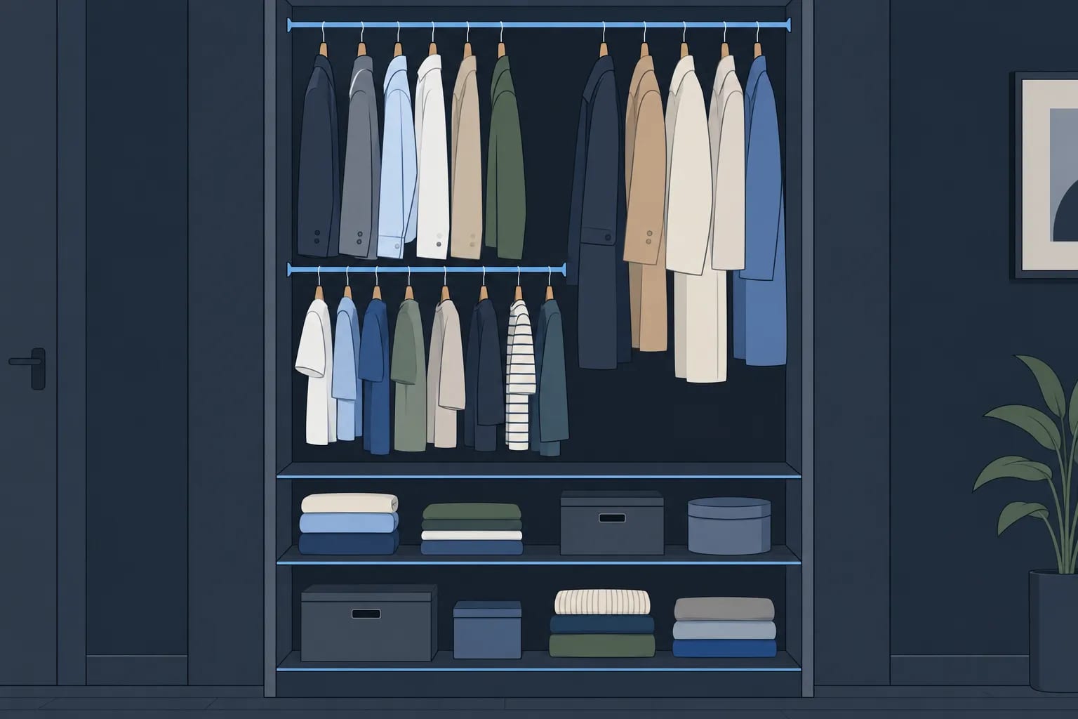 Armoire ouverte montrant des vêtements suspendus et des étagères avec des piles de linge et boîtes de rangement.