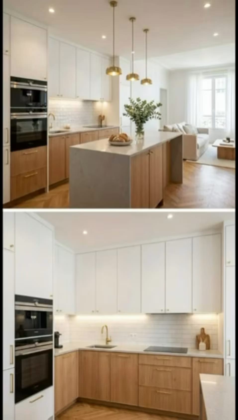 Cuisine moderne lumineuse avec îlot central, rangements blancs et bois, espace ouvert sur séjour, idée de rénovation.