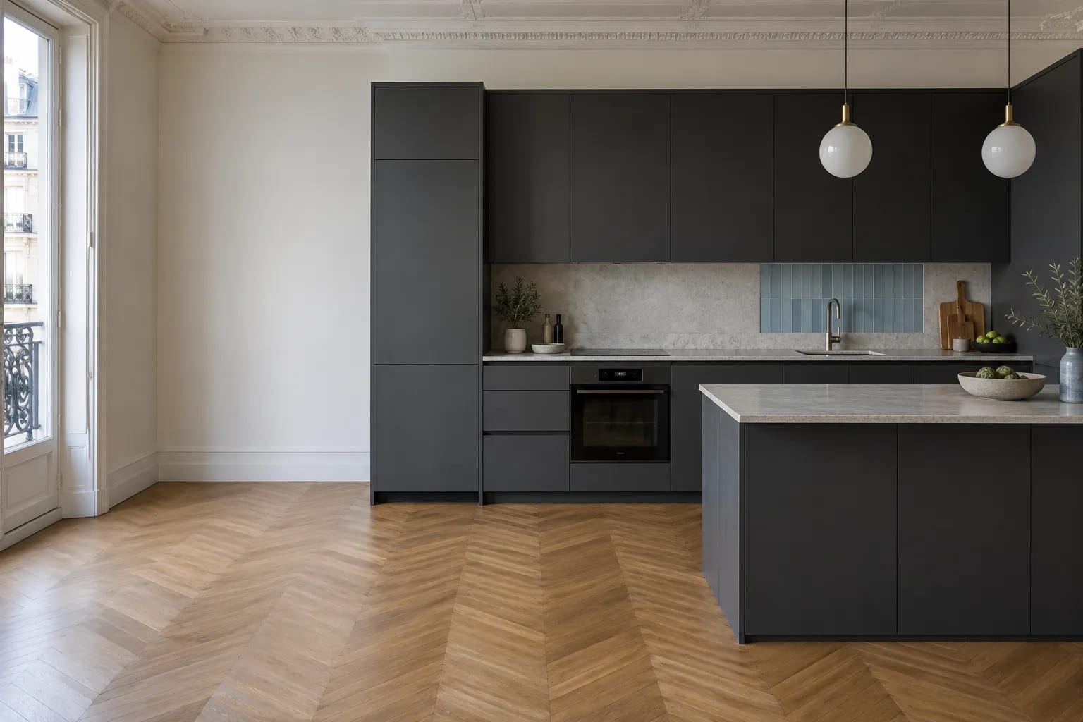 Cuisine moderne noire avec îlot et plan de travail en marbre, dans un espace lumineux et parquet en chevrons.