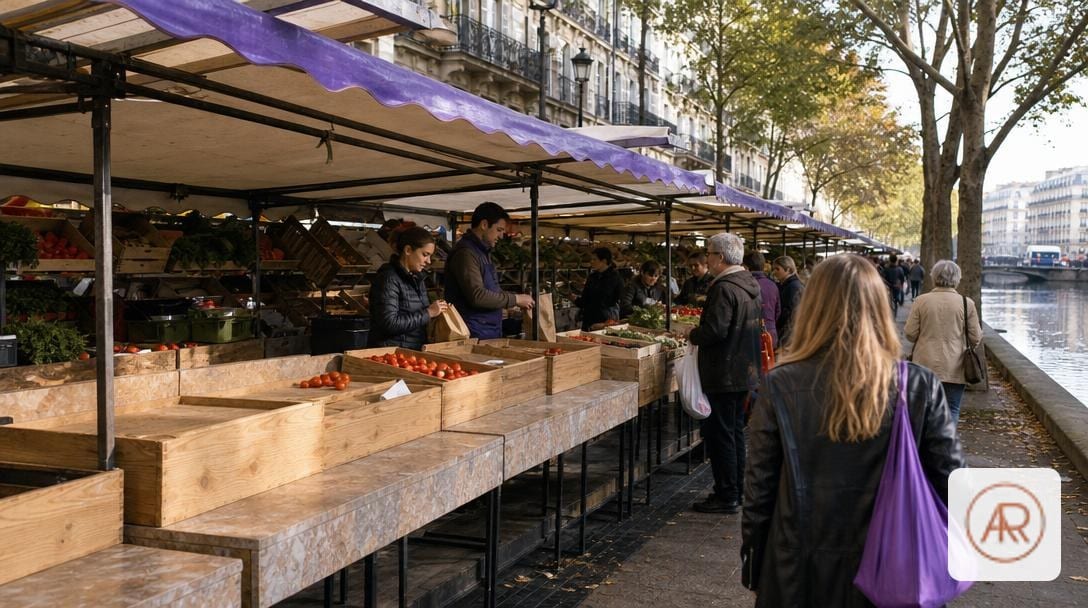 Stands du marché Bastille presque vendus en fin de matinée, à Paris