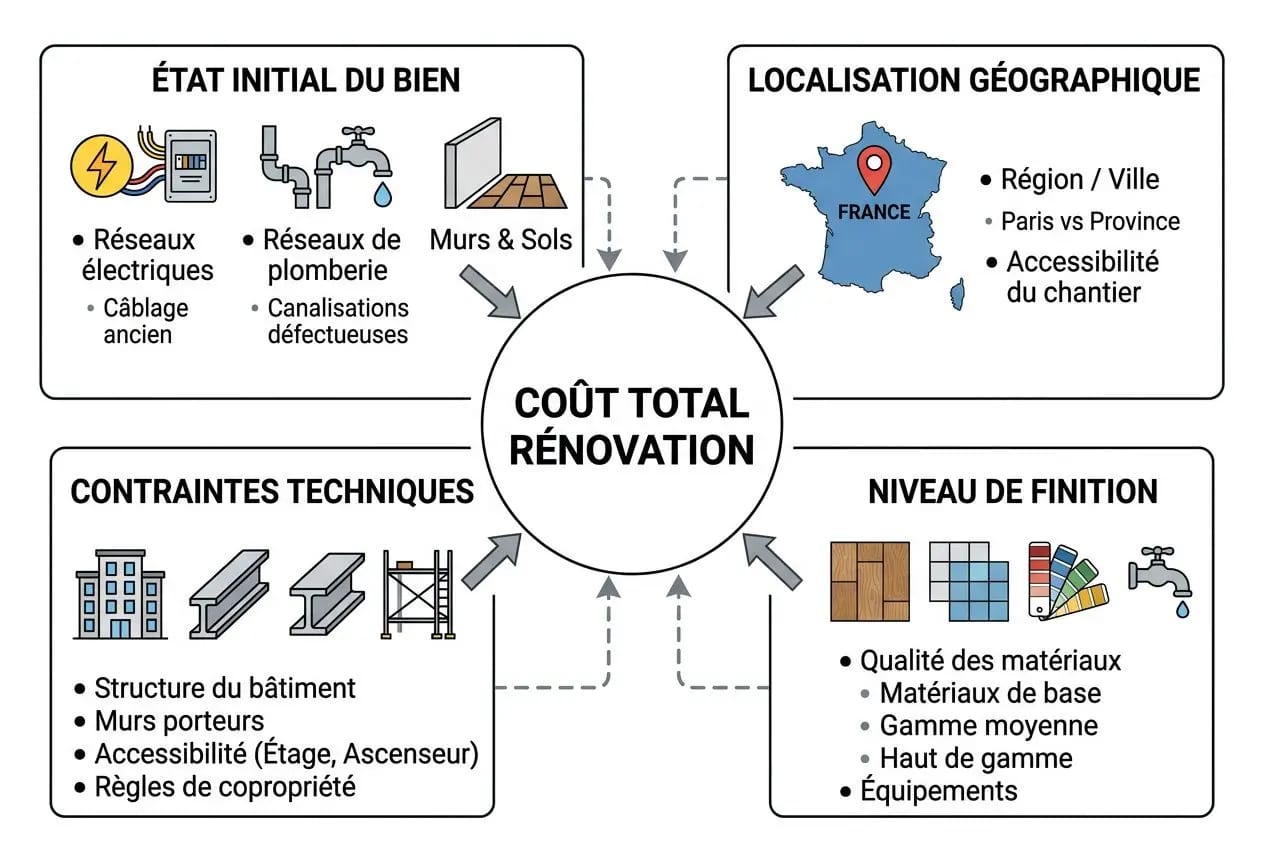 Diagramme d’estimation “coût total rénovation” illustrant les postes: localisation géographique, contraintes techniques, niveau de finition et état initial du bien, dans une rénovation de salle de bain avant/aprés.