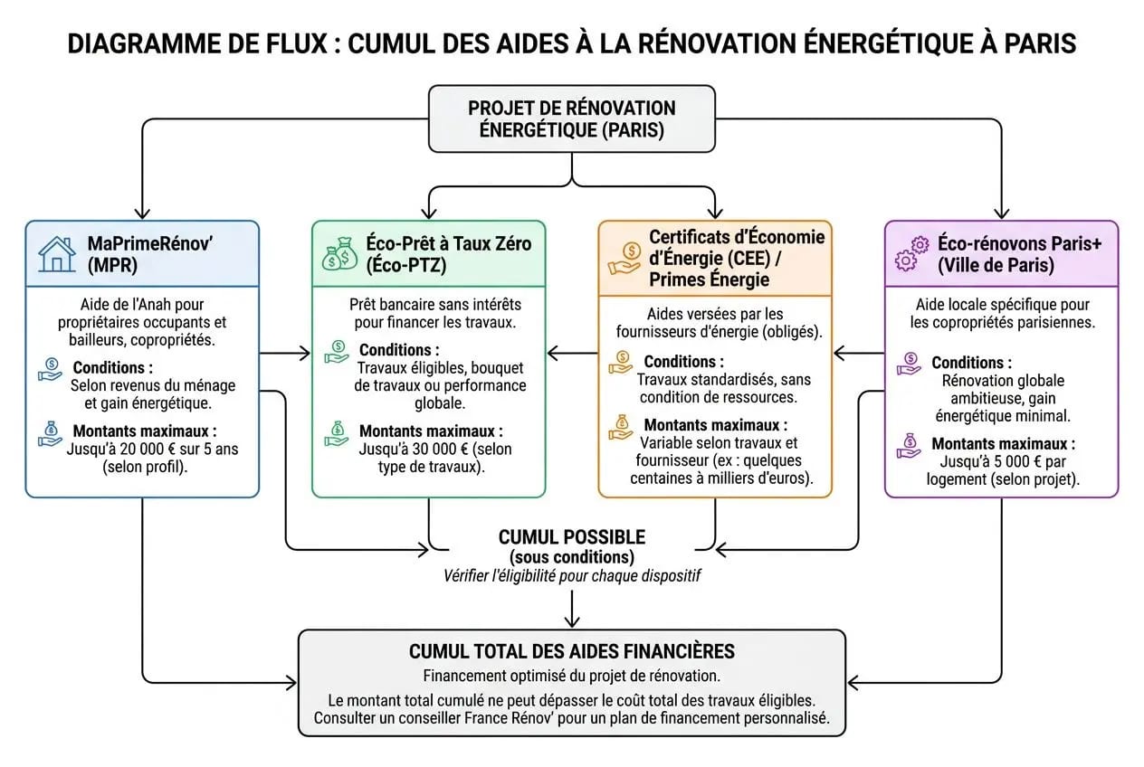 Diagramme de flux montrant le cumul des aides à la rénovation énergétique à Paris, avec MaPrimeRénov’, Éco-Prêt à Taux Zéro, CeE/PrimEs Énergie et Eco-rénovons Paris. aide paris renovation energetique