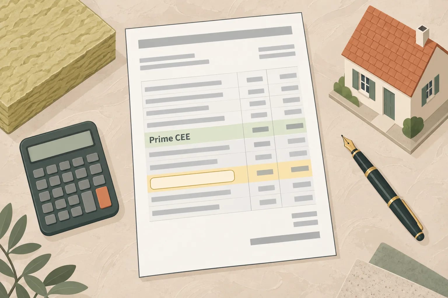 Document affichant une feuille avec le titre Prime CEE, entourée d’un calculateur, d’un stylo plume et d’une petite maquette