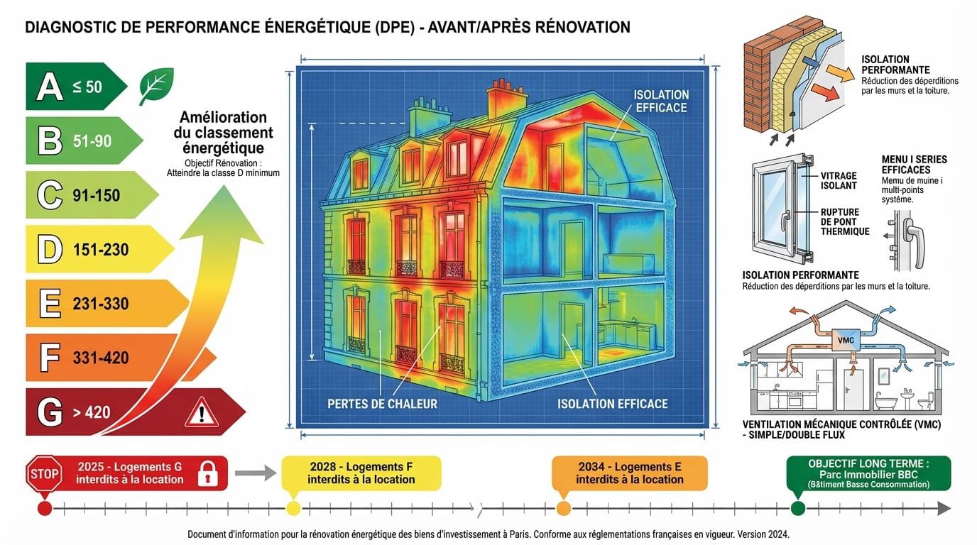 Infographie du DPE avant et après rénovation : étiquettes A à G et déperditions de chaleur