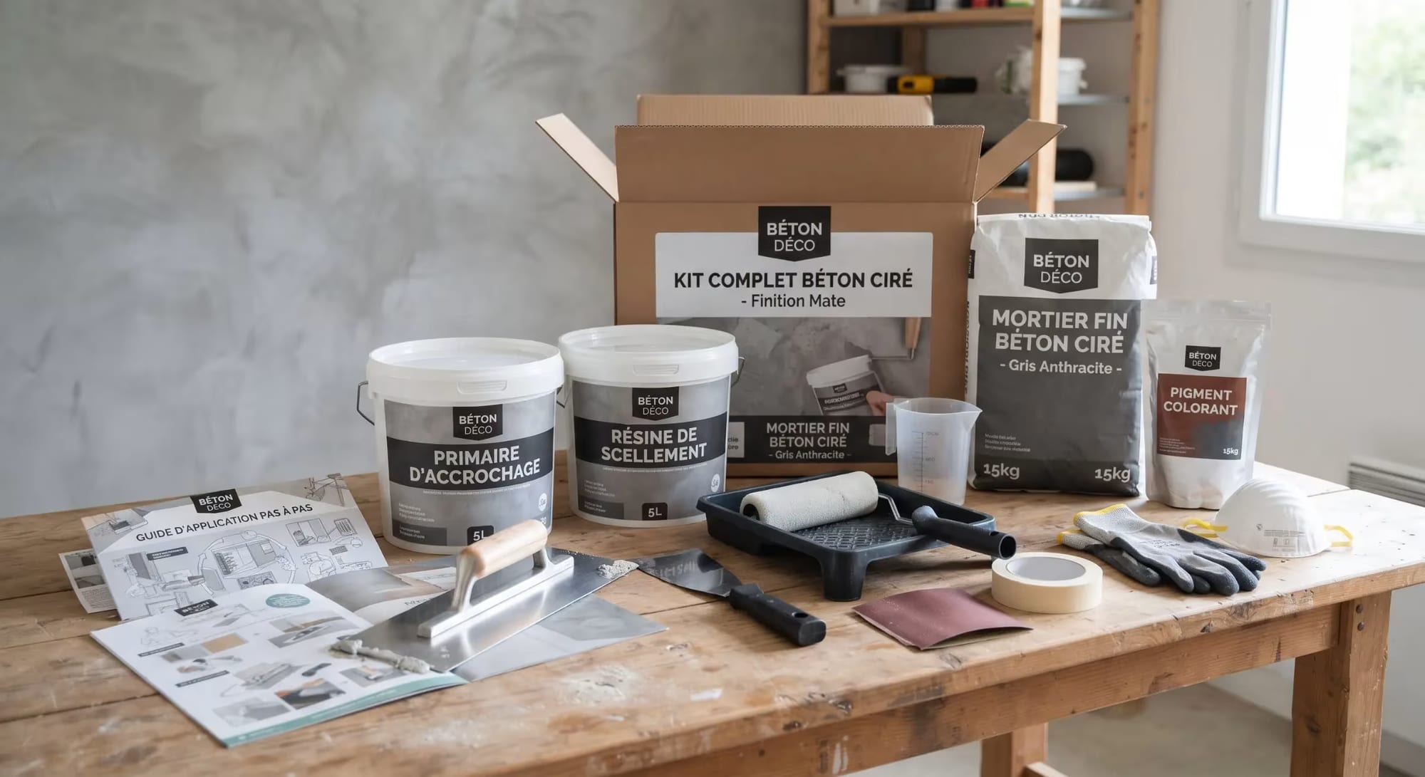 Équipement de rénovation sur une chaîne de travail : sacs et pots de mortier et résines, outils et planches sur une table en bois dans un atelier lumineux.